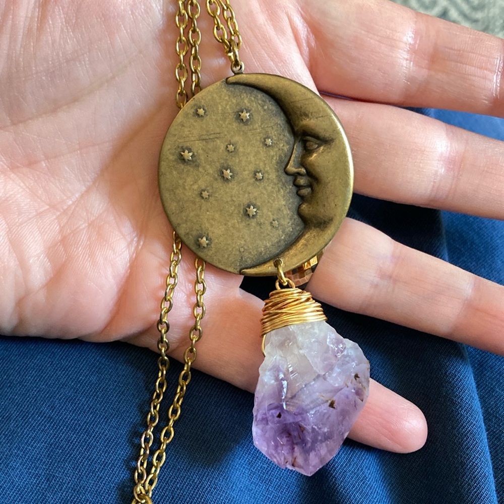 Roots & Feathers Gold Amethyst Moon Pendant Necklace